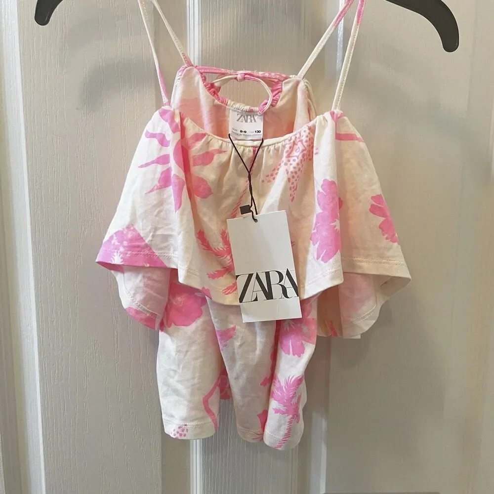 Zara Girls Pink Tropical Ruffle Crop Tank Floral Hawaiian Palm Trees SZ 8-9 NWT